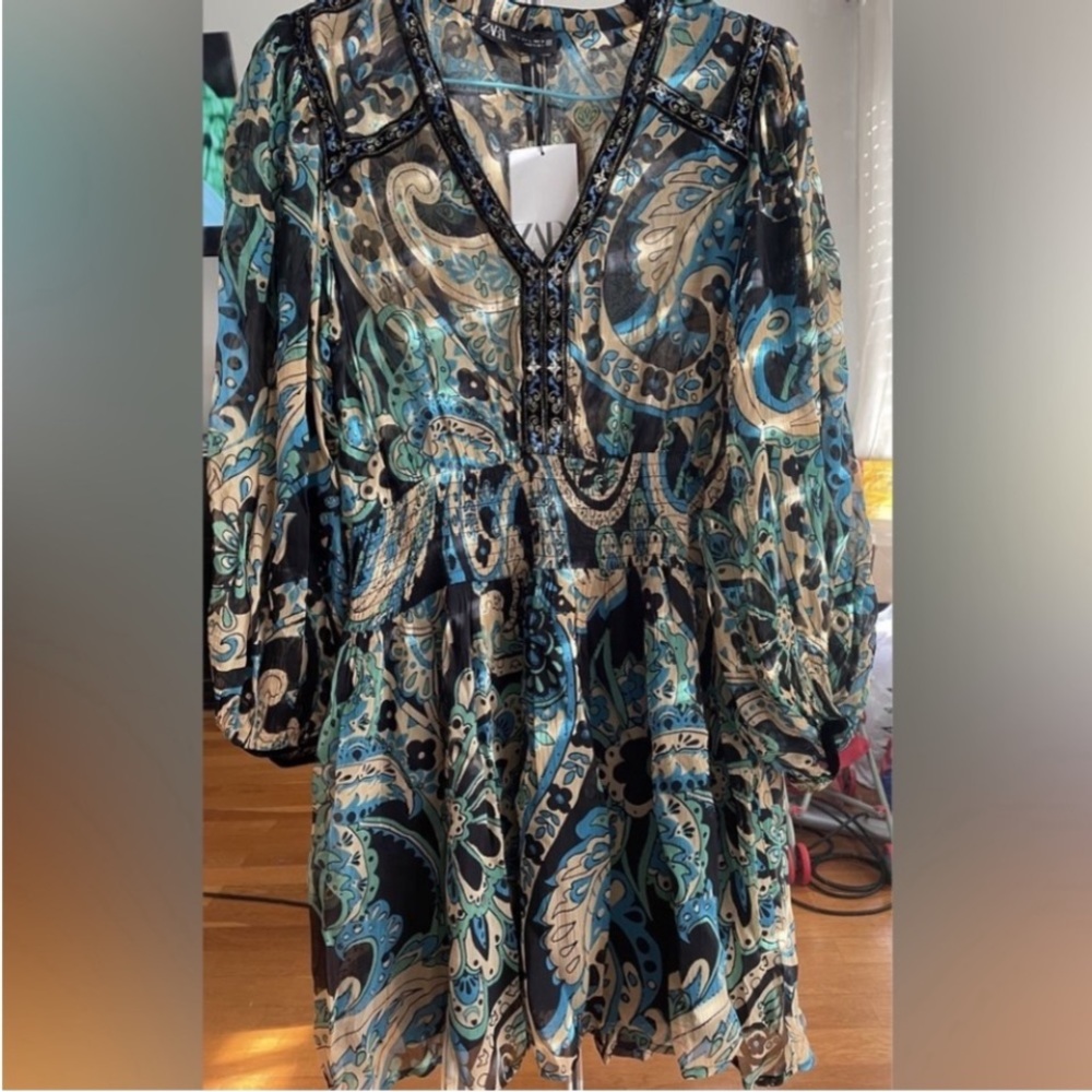M. SHORT PRINTED DRESS WITH TWO-MATERIAL TRIM - Picture 12 of 12
